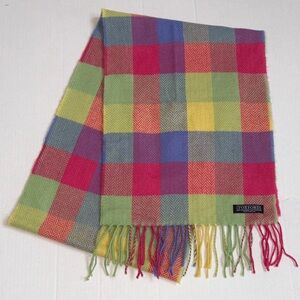 Foxford Pink/Green/Yellow/Green Plaid 100% Lambswool Ireland Scarf 12” x 68”